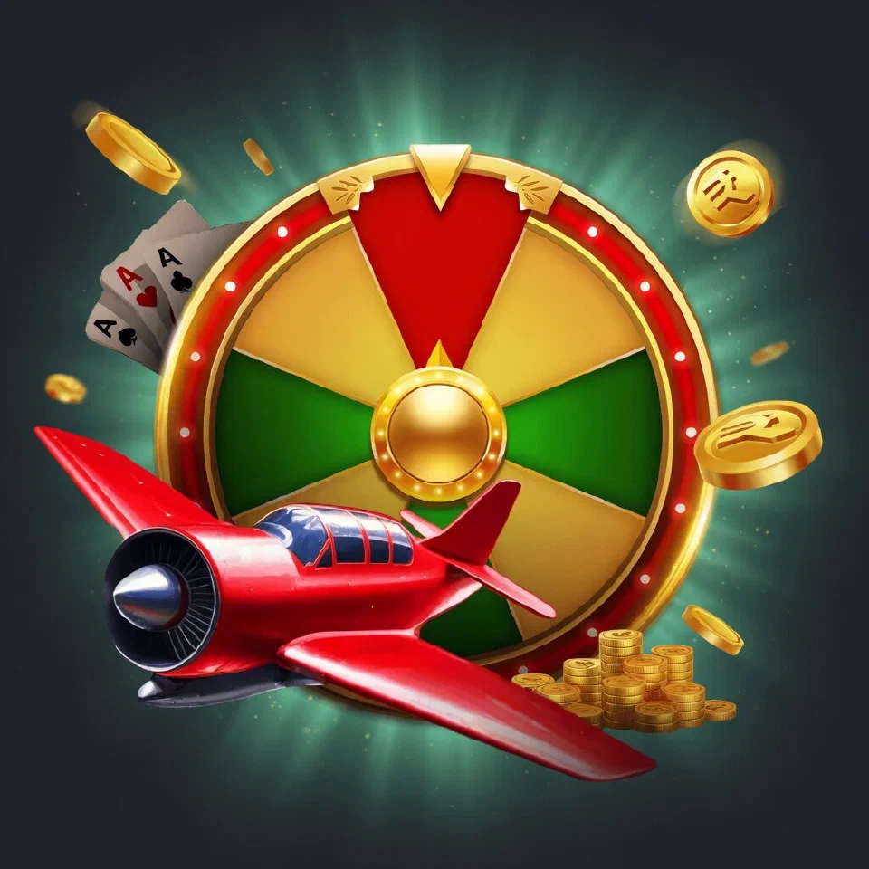 Red-and-gold fortune wheel with a red propeller plane and gold coins on a graphite background